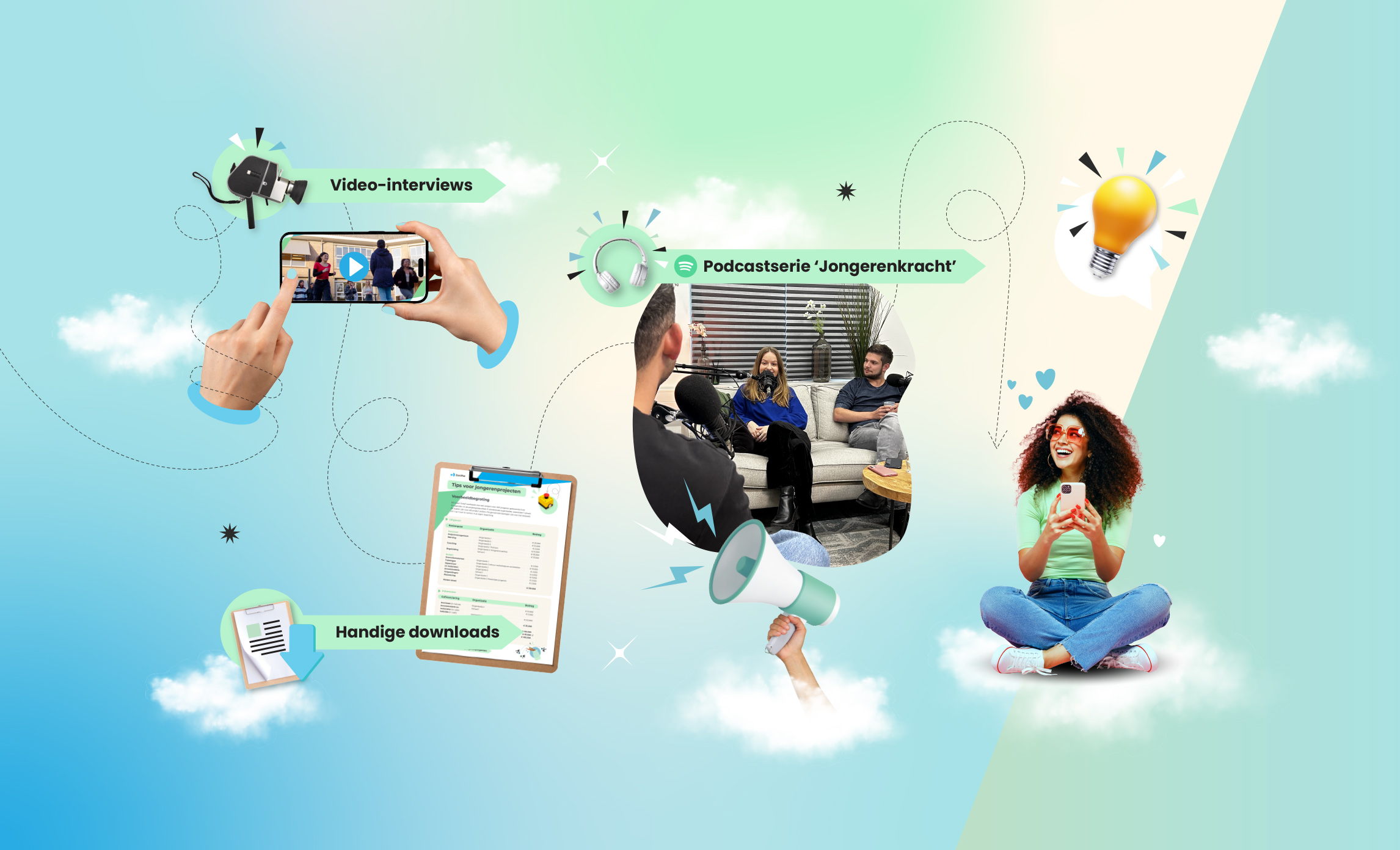 Iconen en afbeeldingen van diverse middelen; video, podcast en handige downloads. Rechts een jongere dame met een telefoon en het icoon van 'tips', met een lampje en spreekwolkje.