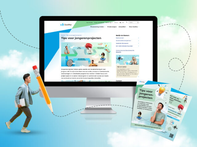 Computerscherm met daarop de website van ZonMw, daarnaast de ontworpen flyer. Links in beeld een illustratie van een jongere met een groot geel potlood.