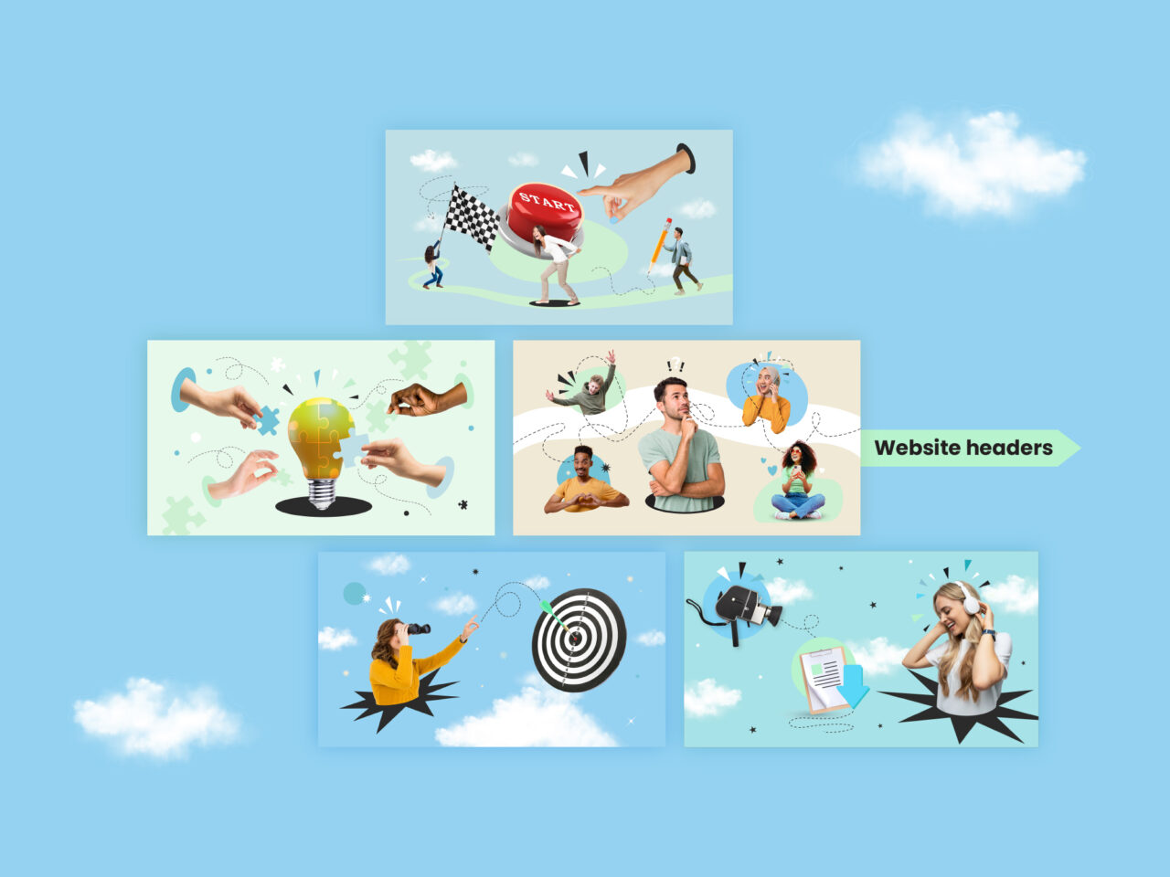 De diverse illustratieve headers voor de Tips voor jongerenprojecten website.